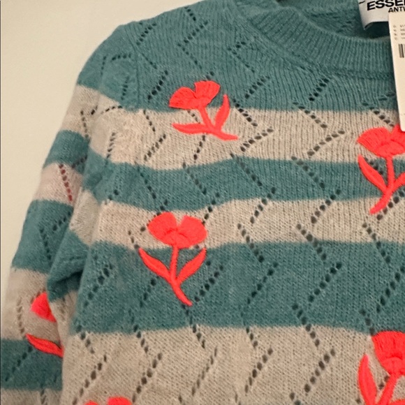 Essentiel Antwerp Floral Striped Sweater - Teal and Cream with Neon Pink NWT - Picture 3 of 4